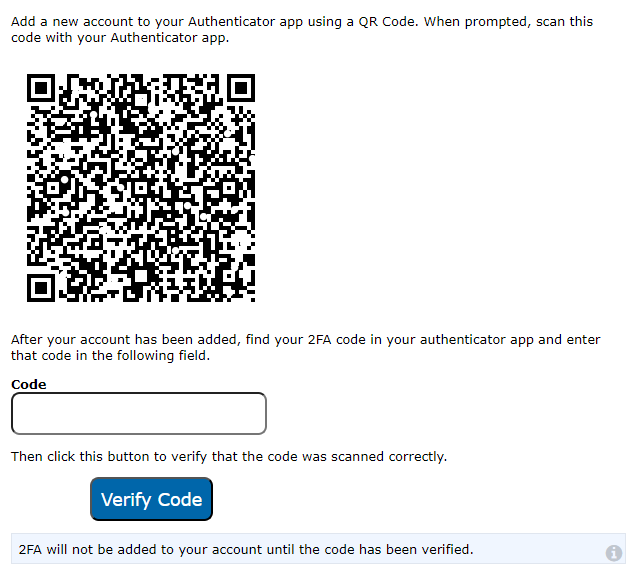 A QR code is shown on the page with a textbox to enter a code and a button to verify the code.